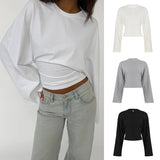 Women's Cropped Long Sleeve Knitted Eco - Friendly Casual T-Shirt Oversized Drop Shoulder Plain Round Neck - Zeprah