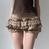 Women's Date Skirt, Brown Vintage Cake Layer Hem Skirt, Elegant A - Line Half Slip - Zeprah