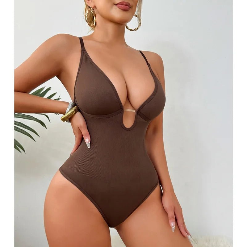 Women's Deep V Neck Sexy Bodysuit - High - Waisted Tummy Control Crotchless Thong Design - Zeprah