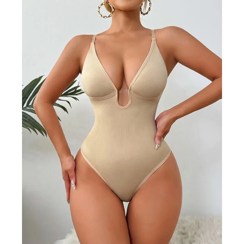 Women's Deep V Neck Sexy Bodysuit - High - Waisted Tummy Control Crotchless Thong Design - Zeprah