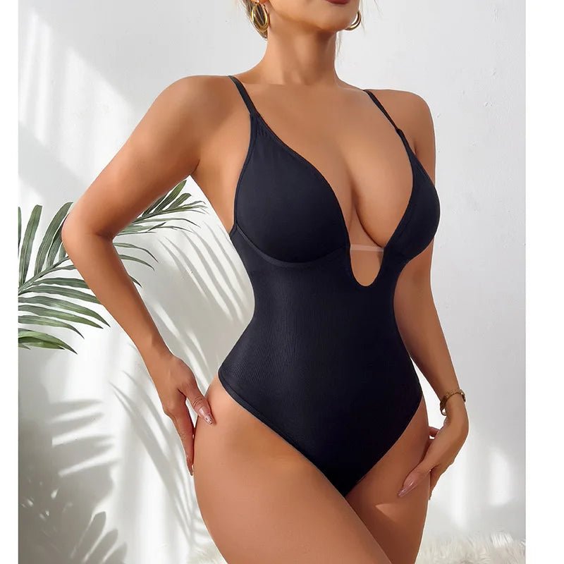 Women's Deep V Neck Sexy Bodysuit - High - Waisted Tummy Control Crotchless Thong Design - Zeprah