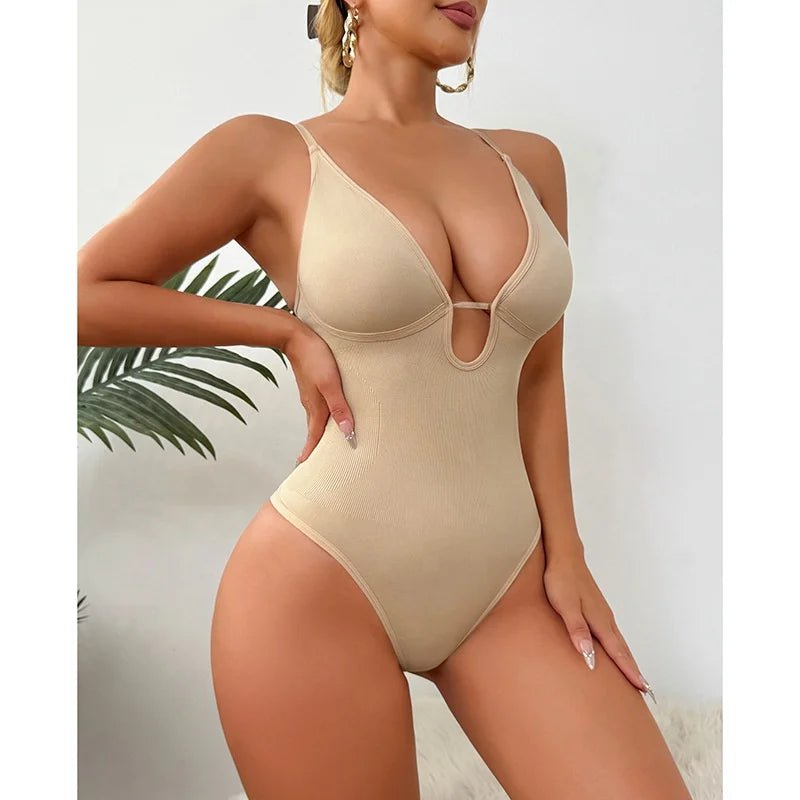 Women's Deep V Neck Sexy Bodysuit - High - Waisted Tummy Control Crotchless Thong Design - Zeprah