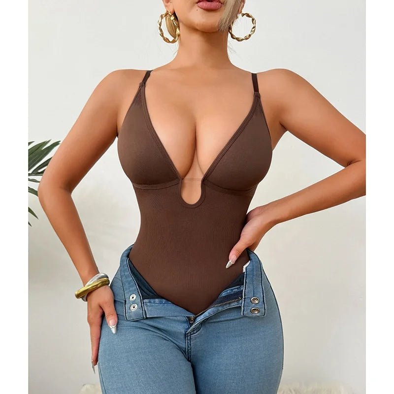 Women's Deep V Neck Sexy Bodysuit - High - Waisted Tummy Control Crotchless Thong Design - Zeprah
