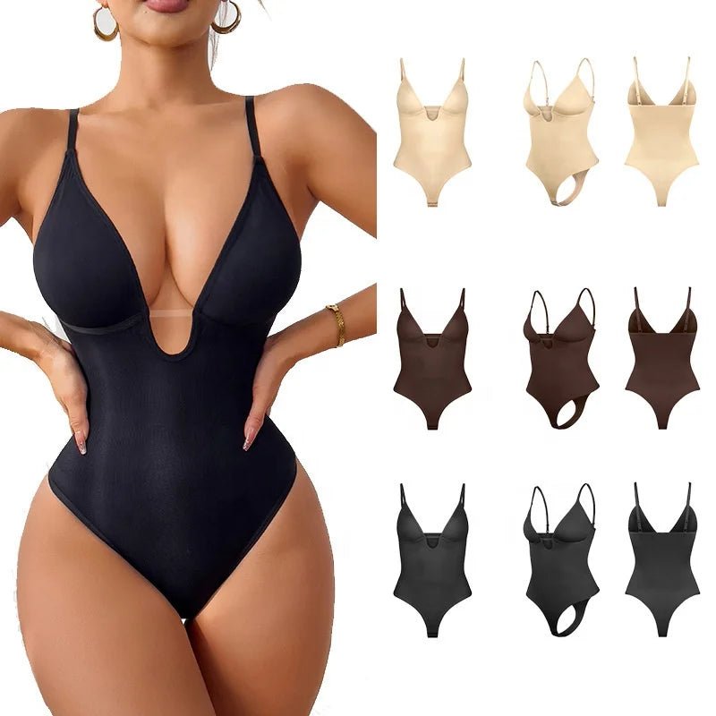 Women's Deep V Neck Sexy Bodysuit - High - Waisted Tummy Control Crotchless Thong Design - Zeprah