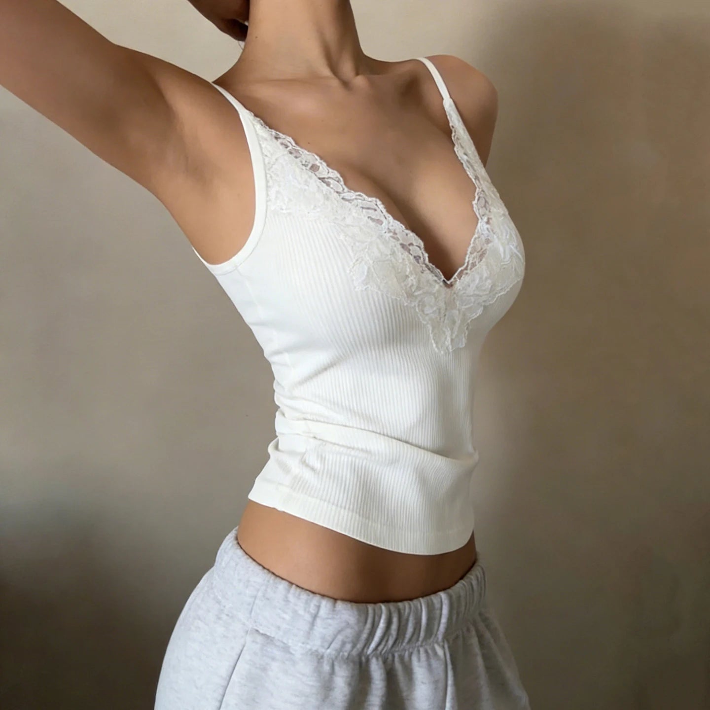 Womens Eco - Friendly Breathable Casual Stretch Slim Fit Camisole V Neck Lace Trim Rib Knit Tank Top - Zeprah