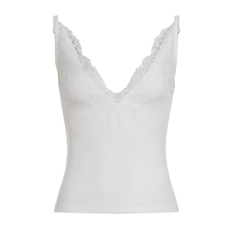 Womens Eco - Friendly Breathable Casual Stretch Slim Fit Camisole V Neck Lace Trim Rib Knit Tank Top - Zeprah