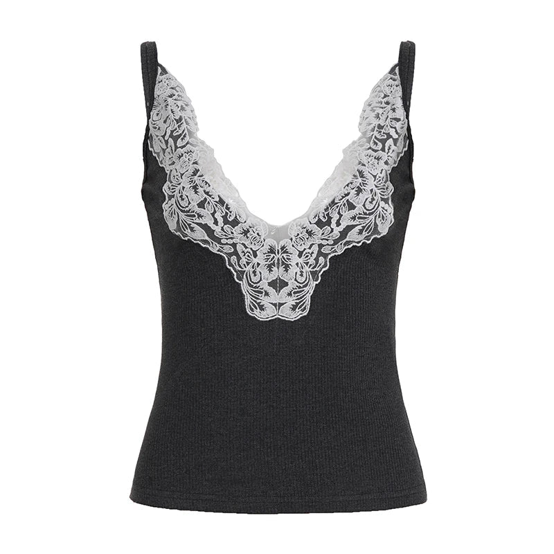Womens Eco - Friendly Breathable Casual Stretch Slim Fit Camisole V Neck Lace Trim Rib Knit Tank Top - Zeprah