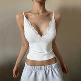 Womens Eco - Friendly Breathable Casual Stretch Slim Fit Camisole V Neck Lace Trim Rib Knit Tank Top - Zeprah