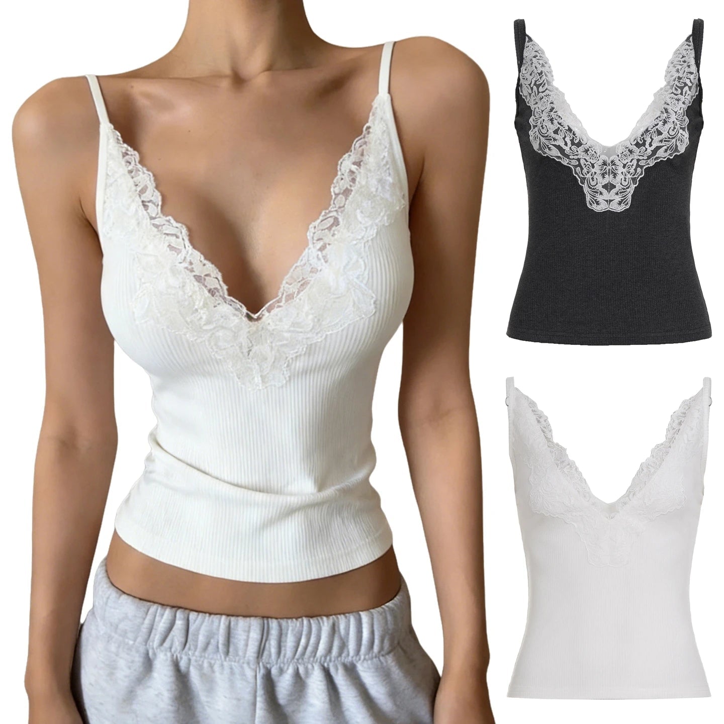 Womens Eco - Friendly Breathable Casual Stretch Slim Fit Camisole V Neck Lace Trim Rib Knit Tank Top - Zeprah