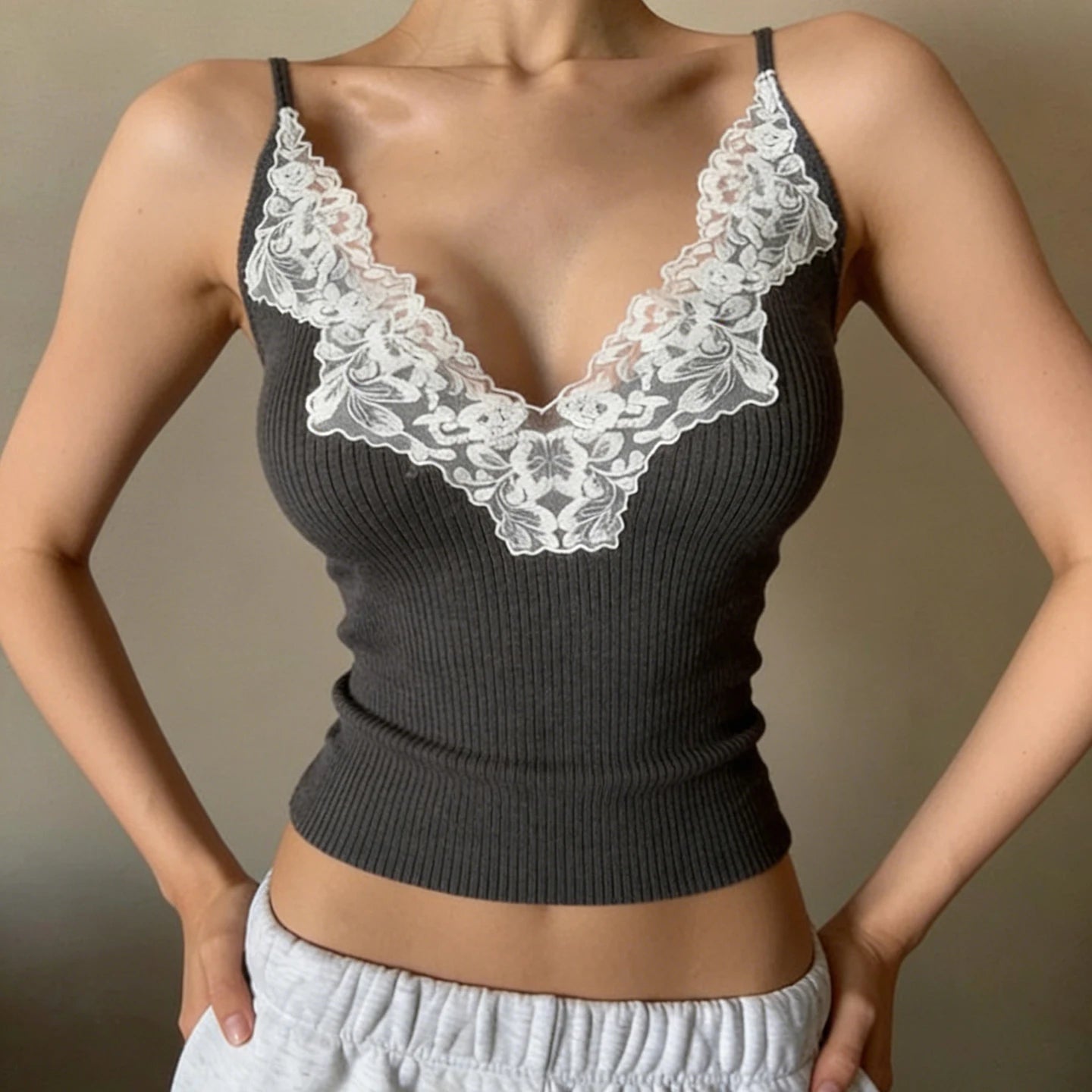 Womens Eco - Friendly Breathable Casual Stretch Slim Fit Camisole V Neck Lace Trim Rib Knit Tank Top - Zeprah