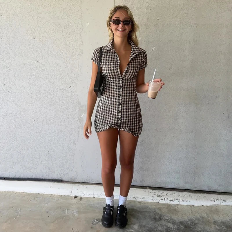 Women's Eco - Friendly Vintage Classic Plaid Mini Shirt Dress Natural Smocked Waist Contrast Trim Button Straight Office - Zeprah