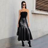 Women's Elegant Fit Flare Maxi Skirt Leather Panels Stretchy Natural Waist A - Line Zipper Comfortable Eco - Friendly Winter - Zeprah