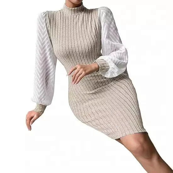 Women's Elegant Mock Neck Knit Patchwork Puff Sleeve Slim Fit Mini Dress Retro Office Party Dress - Zeprah