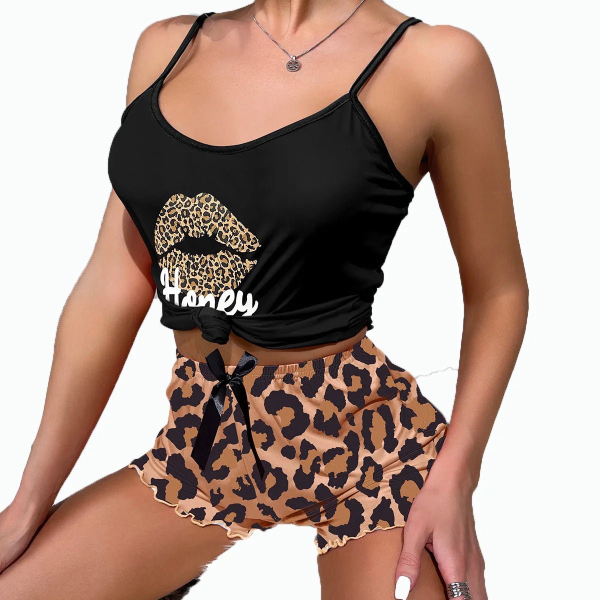 Women's European American Style Summer Milk Silk Fabric Pajamas Leopard Print Camisole Shorts Homewear - Zeprah