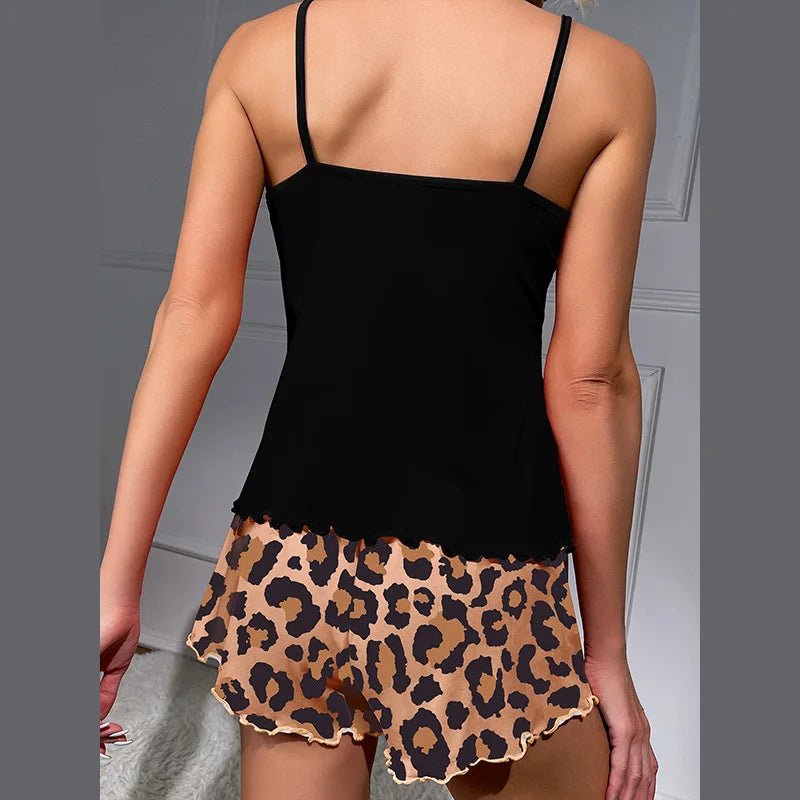 Women's European American Style Summer Milk Silk Fabric Pajamas Leopard Print Camisole Shorts Homewear - Zeprah