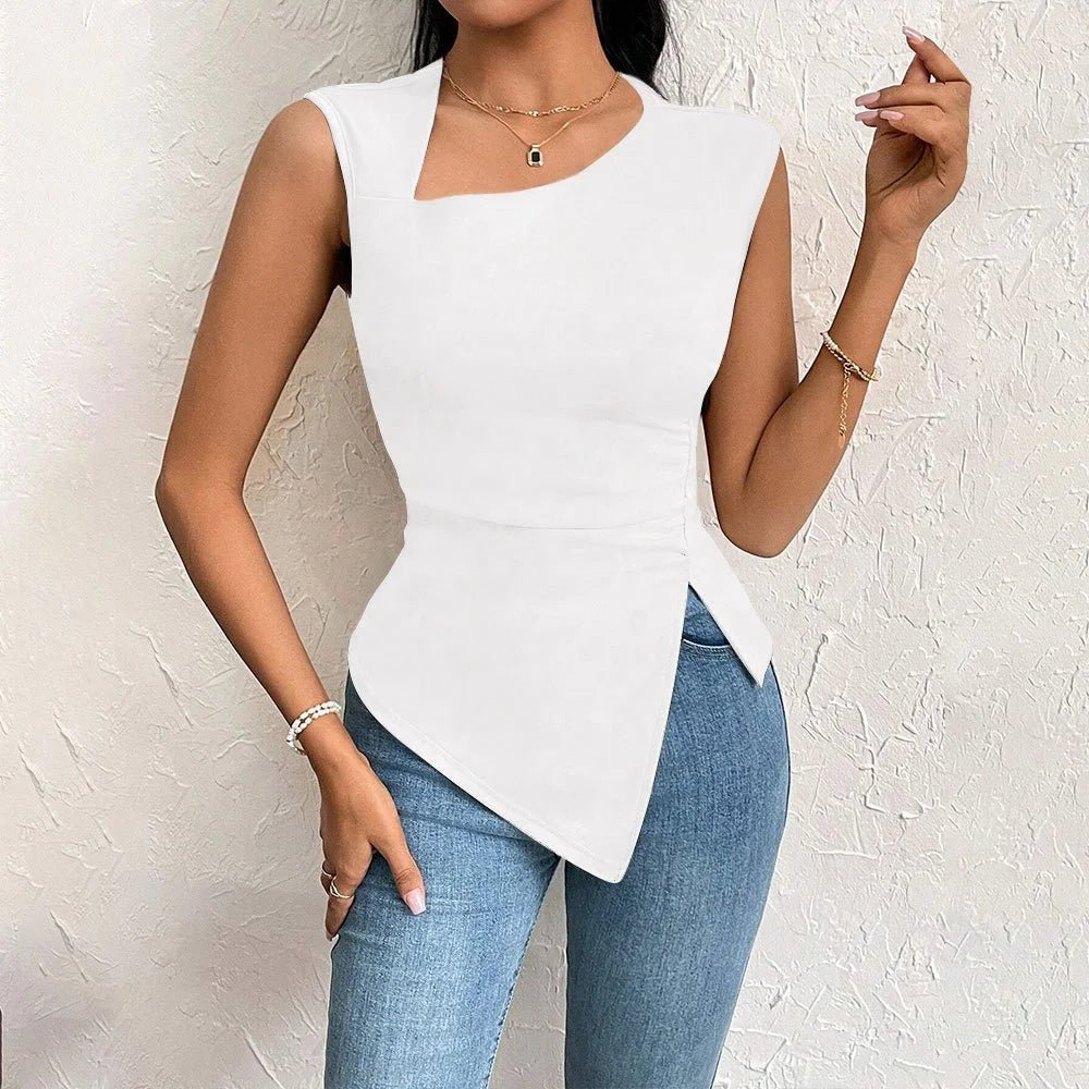 Women's European and American Elegant Style T-shirt Spring and Summer New Slim - fit Short Solid Color Top with Slant Collar - Zeprah