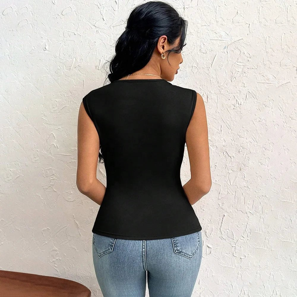 Women's European and American Elegant Style T-shirt Spring and Summer New Slim - fit Short Solid Color Top with Slant Collar - Zeprah