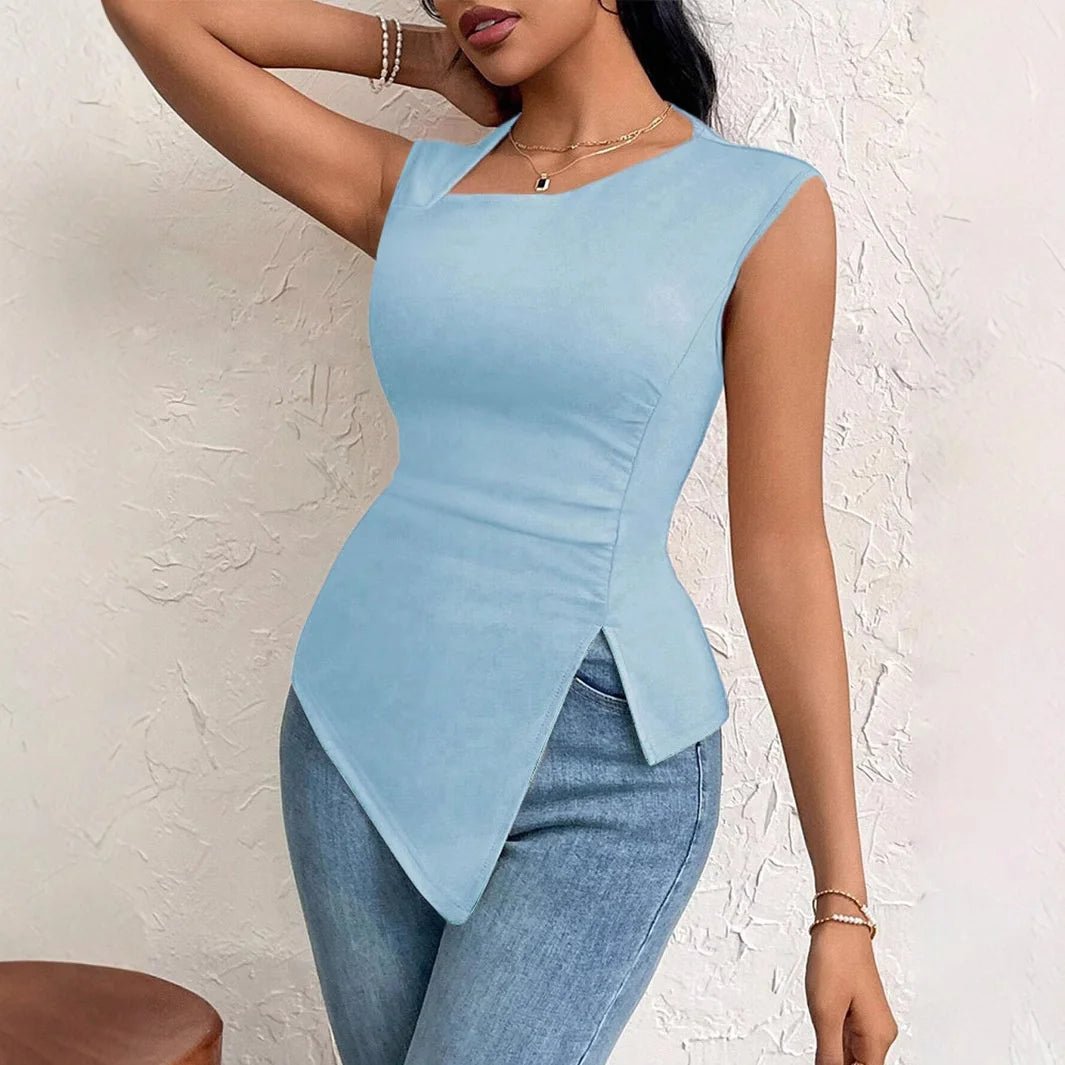 Women's European and American Elegant Style T-shirt Spring and Summer New Slim - fit Short Solid Color Top with Slant Collar - Zeprah