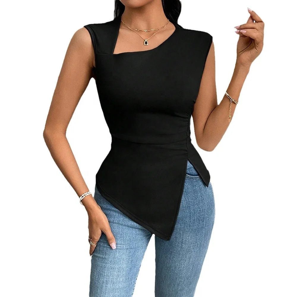 Women's European and American Elegant Style T-shirt Spring and Summer New Slim - fit Short Solid Color Top with Slant Collar - Zeprah