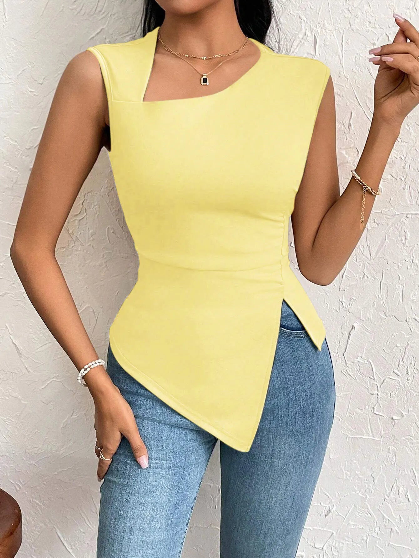 Women's European and American Elegant Style T-shirt Spring and Summer New Slim - fit Short Solid Color Top with Slant Collar - Zeprah