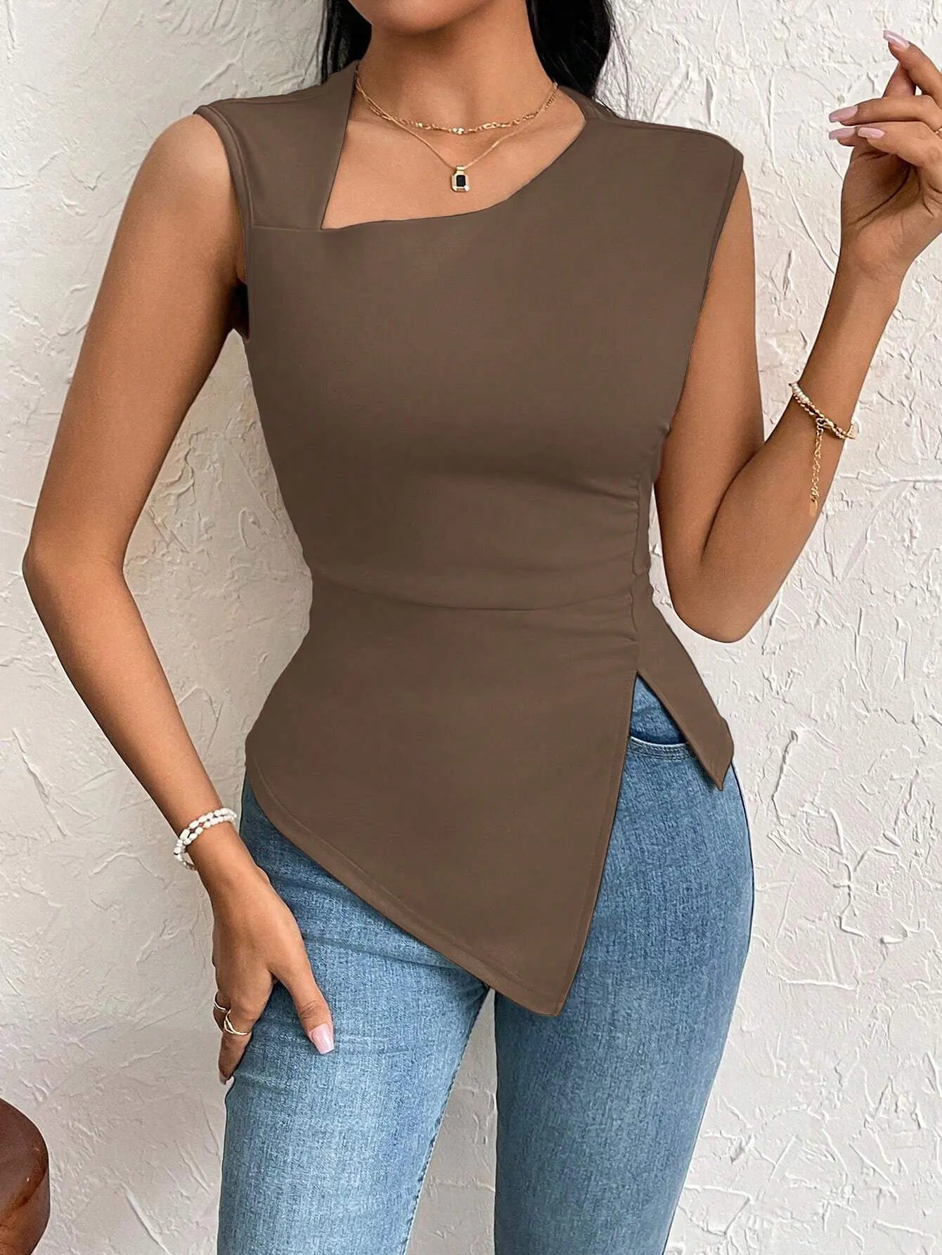 Women's European and American Elegant Style T-shirt Spring and Summer New Slim - fit Short Solid Color Top with Slant Collar - Zeprah