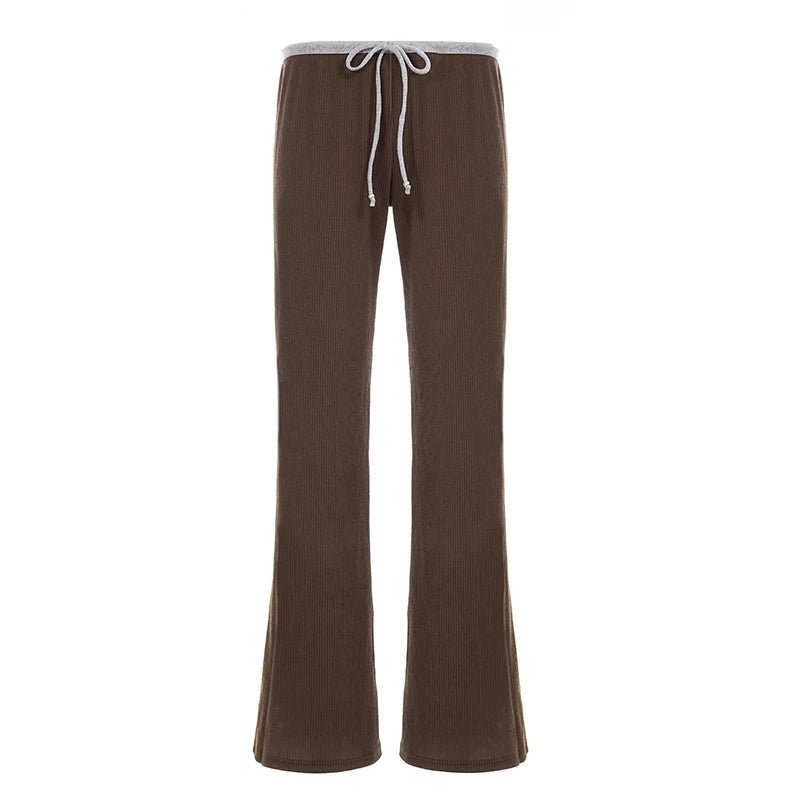 Women's Fall Winter Straight Leg Breathable Patchwork Brown Retro Low Waist Drawstring Casual Yoga Lounge Trousers - Zeprah