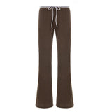 Women's Fall Winter Straight Leg Breathable Patchwork Brown Retro Low Waist Drawstring Casual Yoga Lounge Trousers - Zeprah