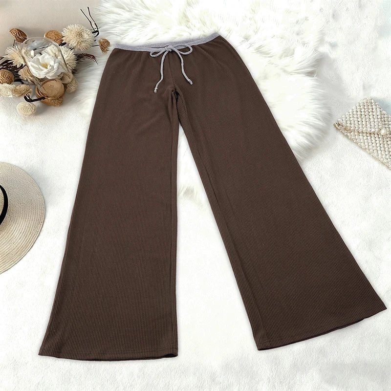Women's Fall Winter Straight Leg Breathable Patchwork Brown Retro Low Waist Drawstring Casual Yoga Lounge Trousers - Zeprah