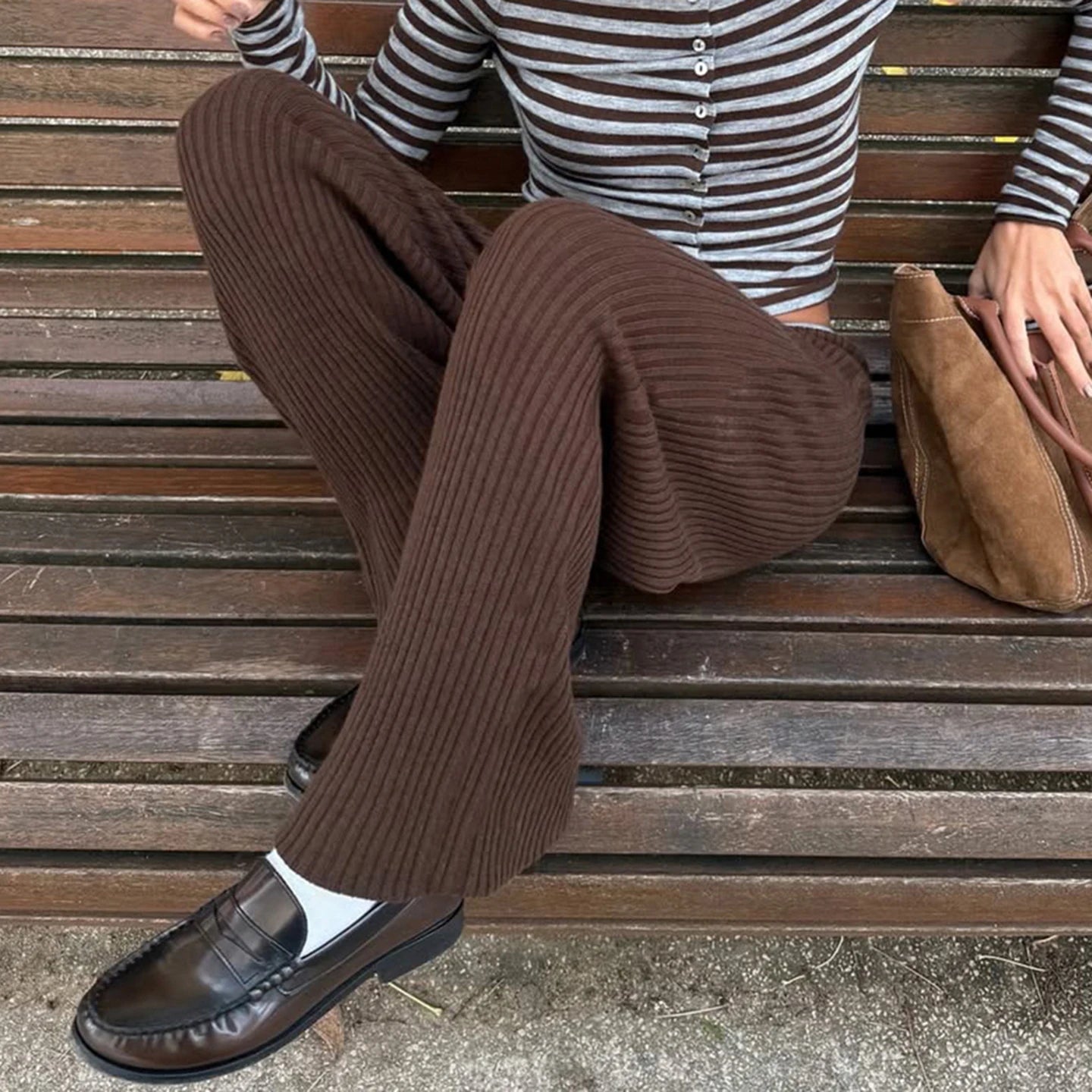 Women's Fall Winter Straight Leg Breathable Patchwork Brown Retro Low Waist Drawstring Casual Yoga Lounge Trousers - Zeprah