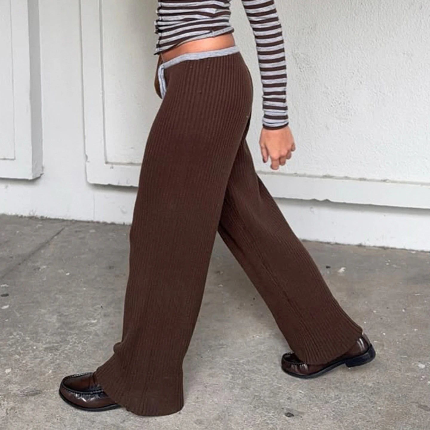 Women's Fall Winter Straight Leg Breathable Patchwork Brown Retro Low Waist Drawstring Casual Yoga Lounge Trousers - Zeprah