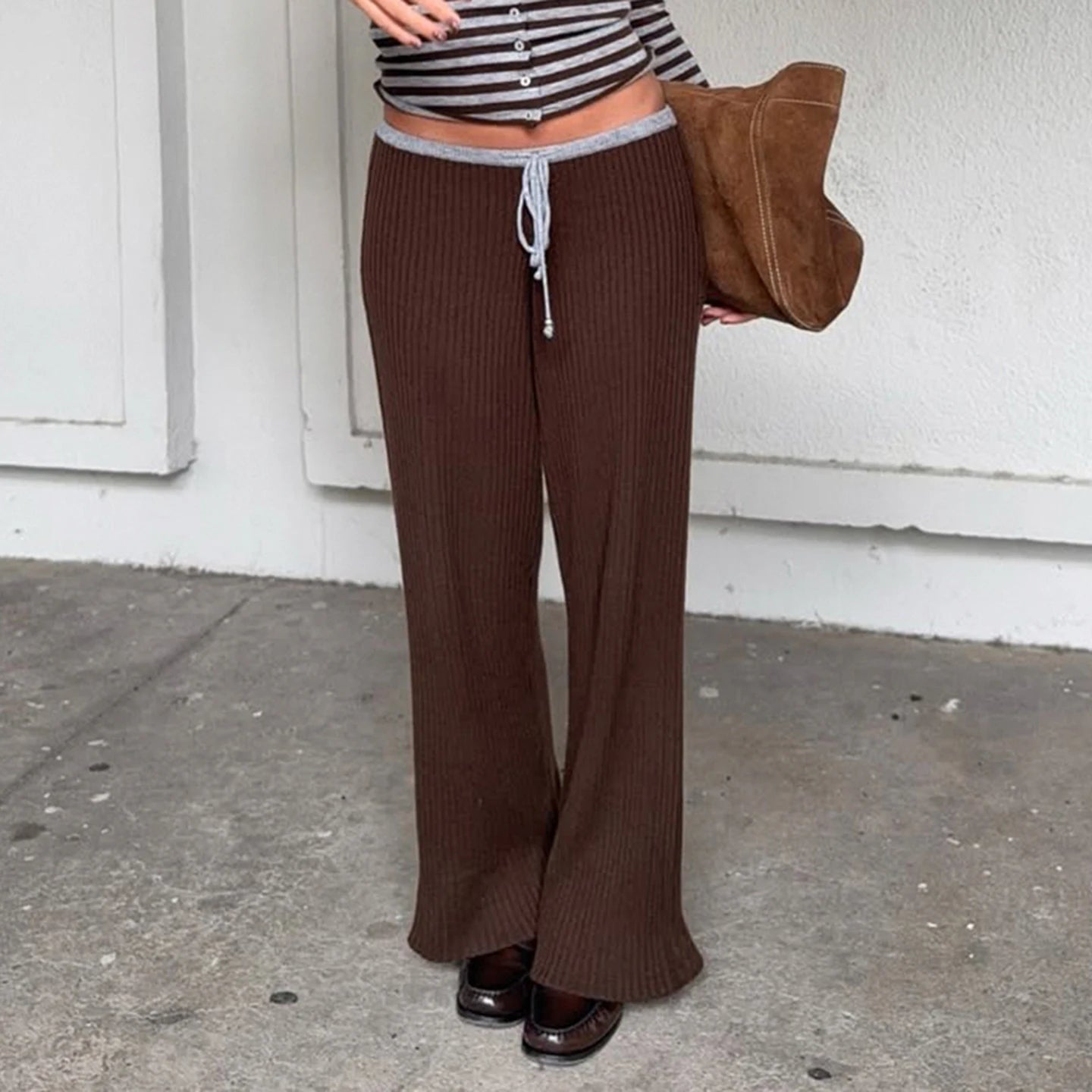 Women's Fall Winter Straight Leg Breathable Patchwork Brown Retro Low Waist Drawstring Casual Yoga Lounge Trousers - Zeprah