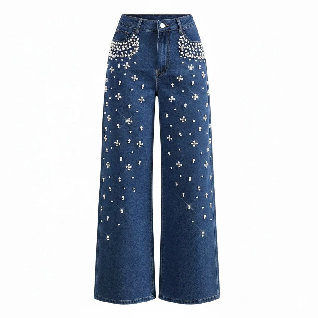 Women's Fashion Beaded Denim Pants High Waisted Loose Straight Jeans Trendy Slim Fit Trousers - Zeprah
