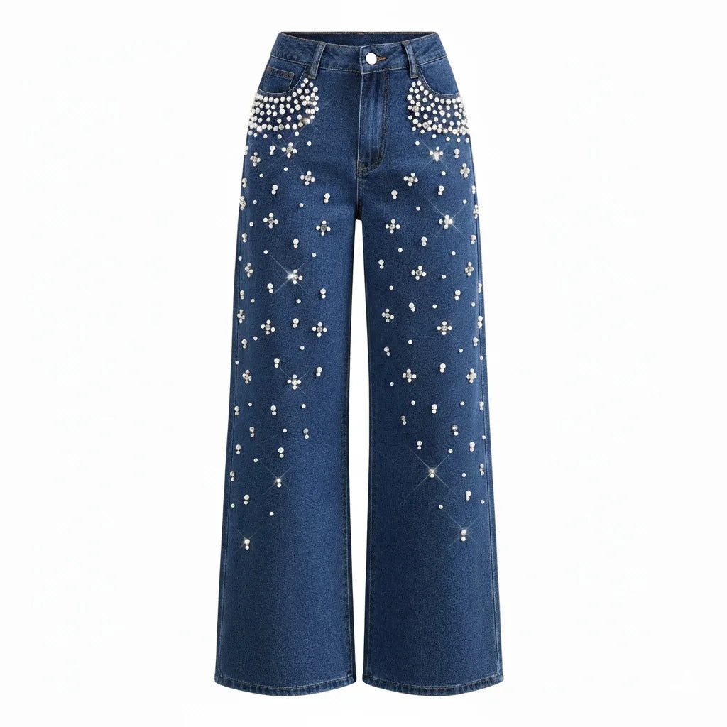 Women's Fashion Beaded Denim Pants High Waisted Loose Straight Jeans Trendy Slim Fit Trousers - Zeprah