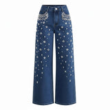 Women's Fashion Beaded Denim Pants High Waisted Loose Straight Jeans Trendy Slim Fit Trousers - Zeprah
