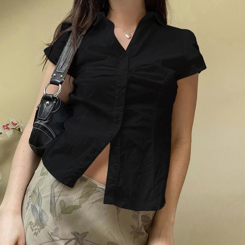 Women's Fashion New Women's Top Wrinkled Button Pocketless Short Sleeve Women's Shirt - Zeprah