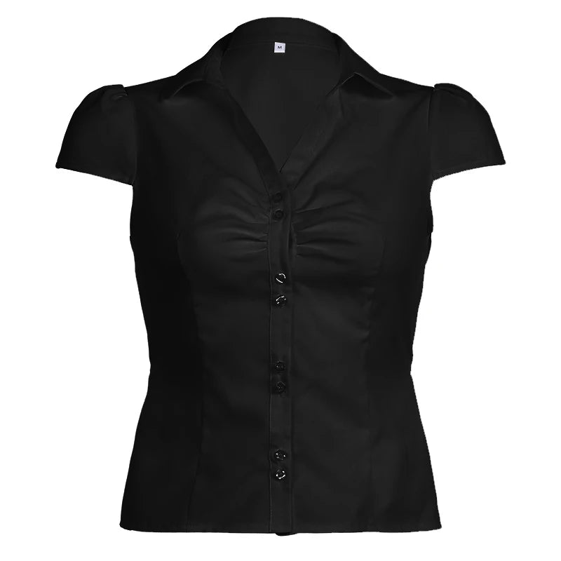 Women's Fashion New Women's Top Wrinkled Button Pocketless Short Sleeve Women's Shirt - Zeprah