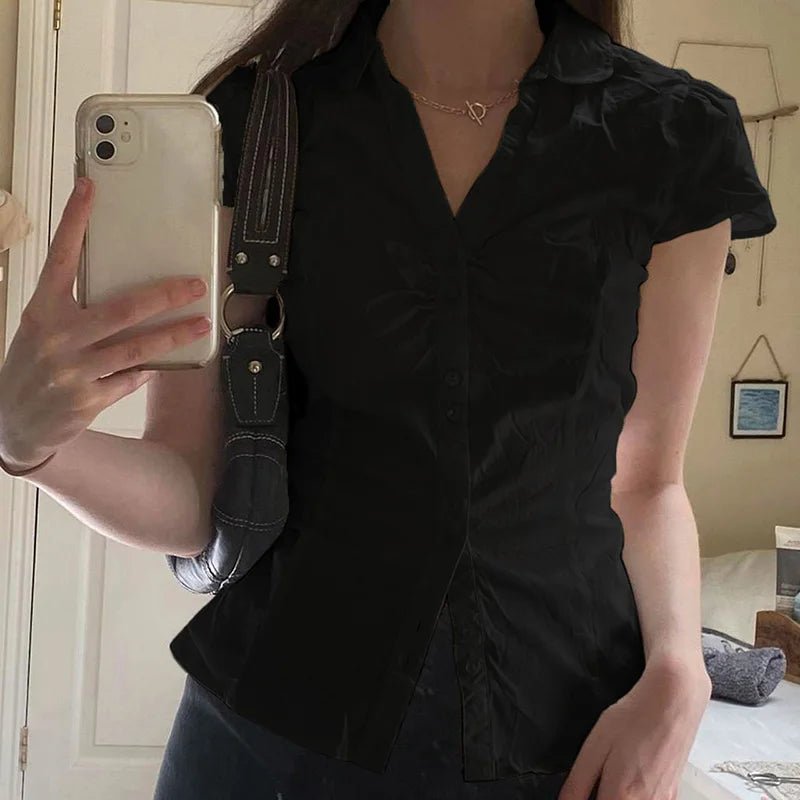 Women's Fashion New Women's Top Wrinkled Button Pocketless Short Sleeve Women's Shirt - Zeprah