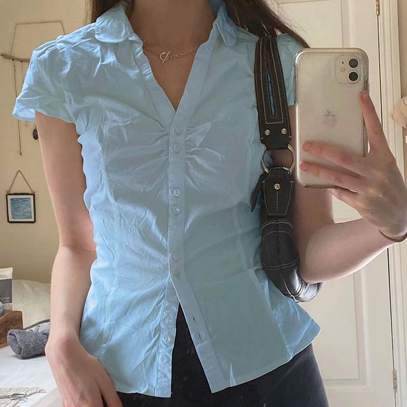 Women's Fashion New Women's Top Wrinkled Button Pocketless Short Sleeve Women's Shirt - Zeprah