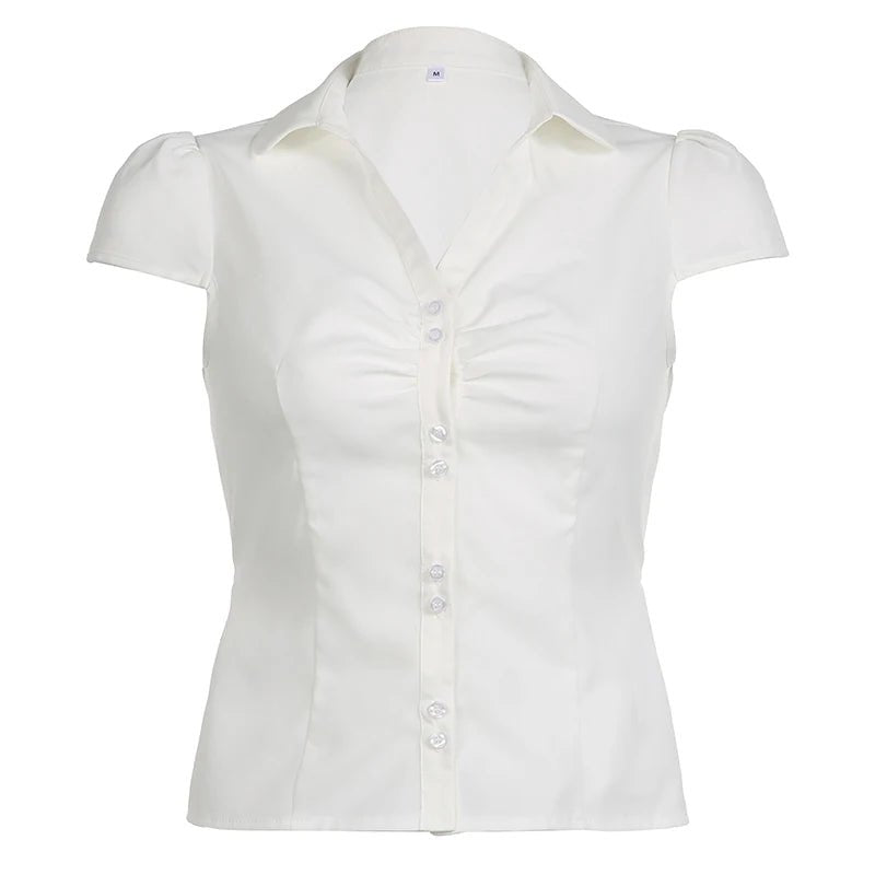 Women's Fashion New Women's Top Wrinkled Button Pocketless Short Sleeve Women's Shirt - Zeprah