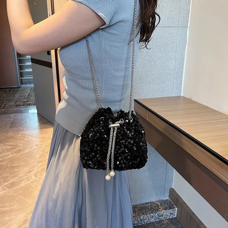 Women's Fashion Rhinestone Bucket Bag Handheld Chain Messenger Portable with Zipper Closure Personalized Design for Girls - Zeprah