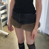 Women's Faux Fur Breathable Patchwork Denim Shorts Retro Slim Fit Distressed Clubwear Night Out Autumn Fashion - Zeprah