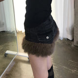 Women's Faux Fur Breathable Patchwork Denim Shorts Retro Slim Fit Distressed Clubwear Night Out Autumn Fashion - Zeprah
