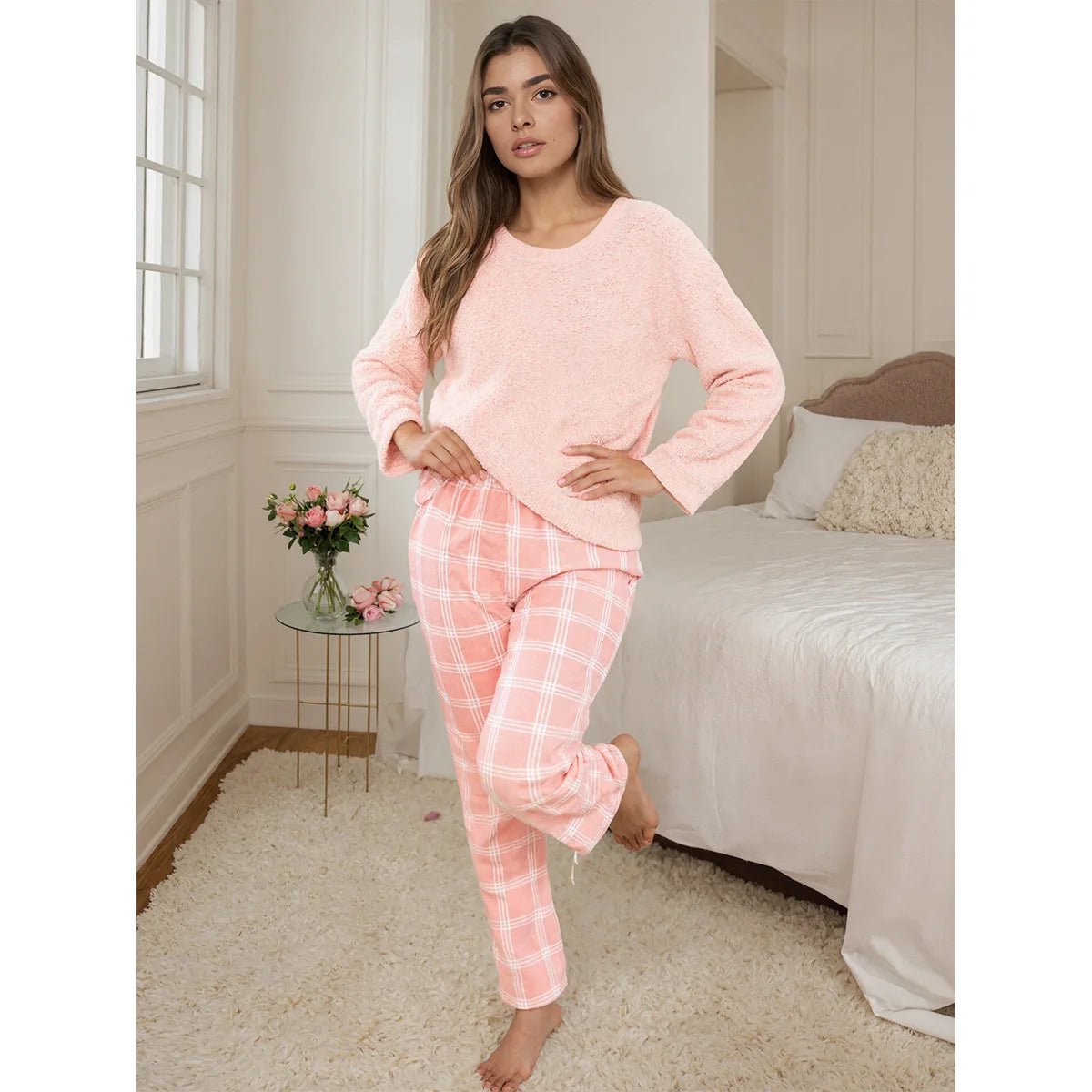 Women's Flannel Pajamas Set Cross - Border Autumn Winter Homewear with Fashion Plaid Neck Solid Pattern - Zeprah