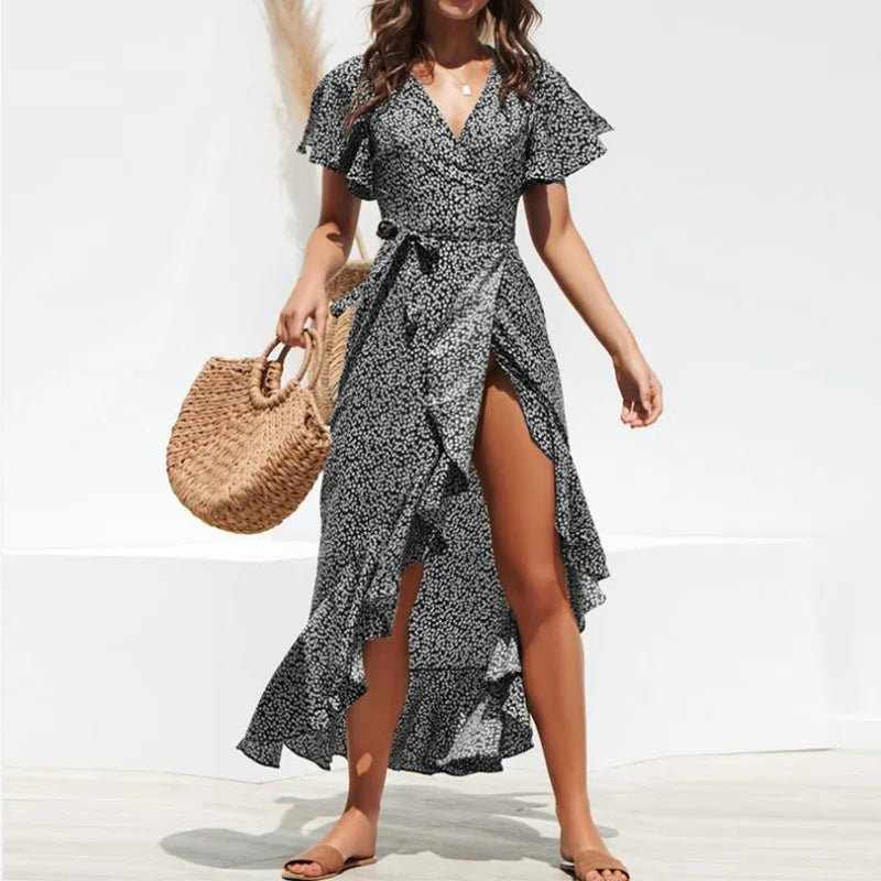 Women's Floral Chiffon Maxi Dress V - Neck Casual Wrap with Lace Ruffles Long Beach Wrap Dress - Zeprah
