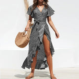 Women's Floral Chiffon Maxi Dress V - Neck Casual Wrap with Lace Ruffles Long Beach Wrap Dress - Zeprah