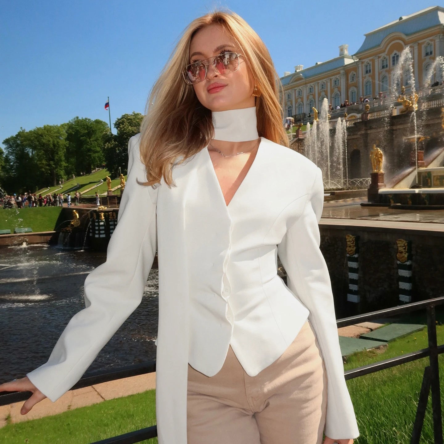 Women's Formal Office Shirt Elegant V - Neck Blouse Woven Breathable Solid Color Long Sleeve with Tie Neck Scarf for Work - Zeprah