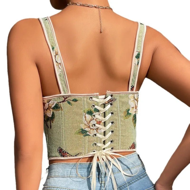 Women's French Bow Tie Sash Floral Print Sexy Shapewear - Spaghetti Strap Fitted Crop Top Bustier - Zeprah