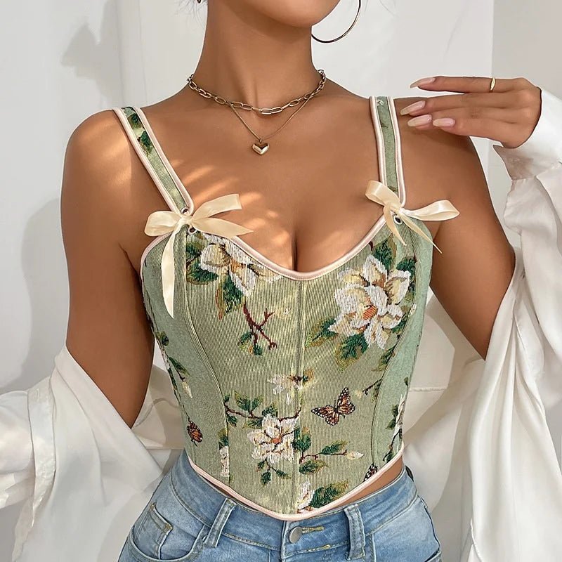 Women's French Bow Tie Sash Floral Print Sexy Shapewear - Spaghetti Strap Fitted Crop Top Bustier - Zeprah