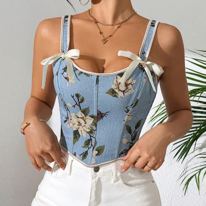 Women's French Bow Tie Sash Floral Print Sexy Shapewear - Spaghetti Strap Fitted Crop Top Bustier - Zeprah