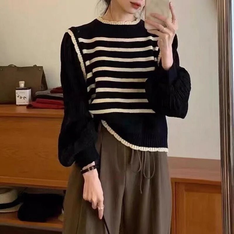 Women's French - Style Faux Two - Piece Puff Sleeve Knit Top 2025 Spring New Striped Patchwork Short Round - Neck Slimming Blouse - Zeprah